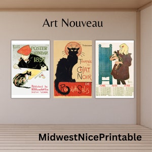 Conjunto de carteles de gatos franceses Art Nouveau: coloridos carteles publicitarios franceses.