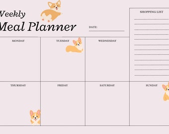 Weekly Meal Planner PDF. Corgi meal planner to print over and over.