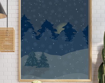 Pode incluir: Uma ilustração enquadrada de uma cena de inverno nevada com um céu azul escuro e flocos de neve brancos caindo. A cena apresenta uma linha de árvores azul escuro no fundo e duas árvores menores em primeiro plano. A lua é visível no céu.