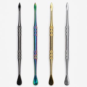May include: Four double-ended metal cuticle pushers arranged vertically. Each tool features a pointed tip on one end, a flat rounded scoop on the other, and two textured knurled grip sections in the center. The colors are black, iridescent, gold, and silver.