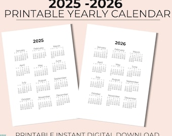 2025-2026 Yearly Printable Calendar Digital Download Letter A4 A3 Year at a glance Wall Calendar Simple Printable Calendars Dated