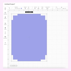 May include: A screenshot of a design program interface. The program displays a light purple rectangle with rounded corners, measuring 7.44 inches wide by 9.94 inches high. The interface includes various tools and options.