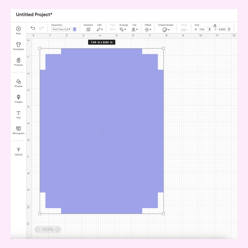 May include: A screenshot of a design program interface. The program displays a light purple rectangle with rounded corners, measuring 7.44 inches wide by 9.94 inches high. The interface includes various tools and options.