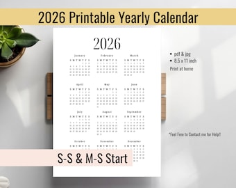 2026 Modern Yearly Printable Calendar Digital Download Letter Year at a Glance Wall Calendar with Minimalist Design