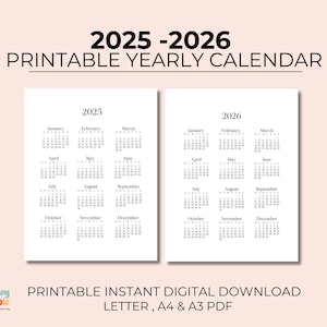 Calendario imprimible anual 2025-2026 Descarga digital Carta A4 A3 Calendario de pared de un vistazo con diseño minimalista