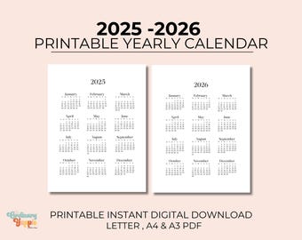 2025-2026 Yearly Printable Calendar Digital Download Letter A4 A3 Year at a Glance Wall Calendar with Minimalist Design