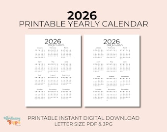 2026 Druckbarer Jahreskalender Digitaler Download Brief Jahr auf einen Blick Wandkalender mit minimalistischem Design