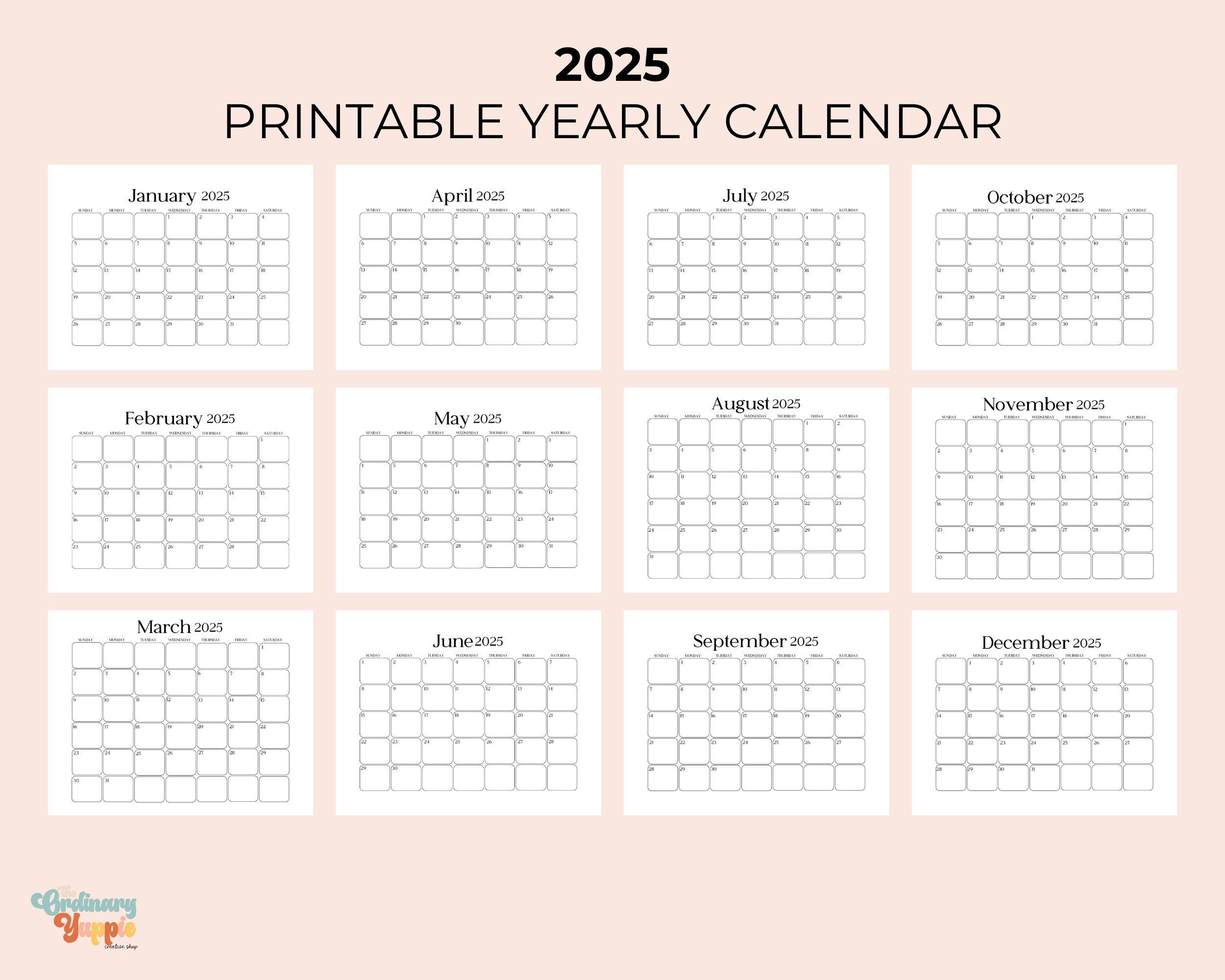 2025 Yearly Printable Calendar Digital Download Letter A4 Year at a ...