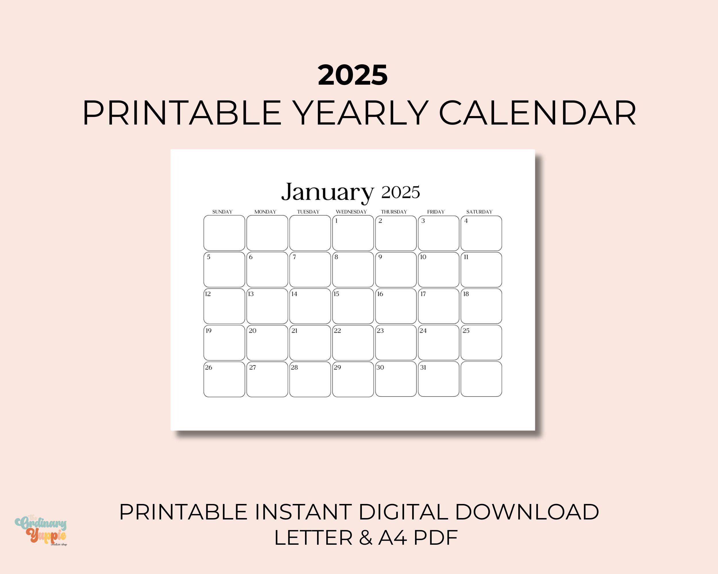2025 Yearly Printable Calendar Digital Download Letter A4 Year at a ...