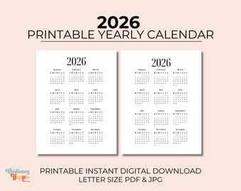 2026 moderner druckbarer Jahreskalender digitaler Download Brief Jahr auf einen Blick Wandkalender mit minimalistischem Design