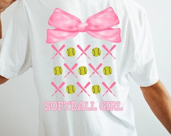 Softball Girl Shirt Design (front and back), Softball sublimation, Softball Coquette, Trendy softball PNG, softball bow png, cute softball