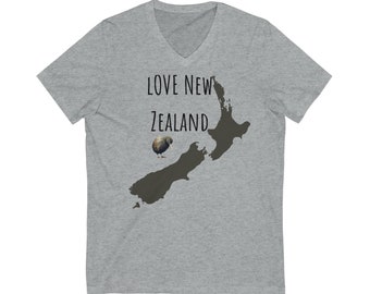 Love New Zealand with unique Kiwi logo | New Zealand | Gift | T-Shirt | Unisex Jersey Short Sleeve V-Neck Tee