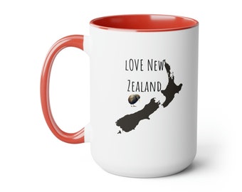 Love New Zealand with a unique kiwi logo | New Zealand | Love New Zealand | Mug | Cup | Two-Tone Coffee Mugs, 15oz