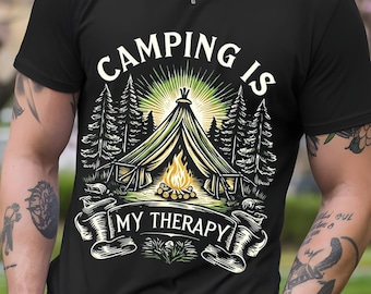 Camping Is My Therapy Shirt, Retro Tent Bonfire Tee, Nature Lover Outdoors T-Shirt, Mental Health Camping Gift, Unisex Adventure Shirt