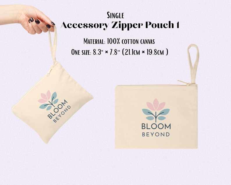 Puede incluir: Bolsa con cremallera para accesorios de color crema, hecha de lona 100% algod&oacute;n. La bolsa tiene cierre de cremallera y un peque&ntilde;o asa de bucle. Presenta un logotipo floral con el texto "BLOOM BEYOND". Mide 21,1 cm x 19,8 cm.