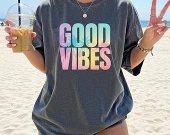 Good Vibes T-Shirt, Retro Summer Tee, Colorful Graphic Tee for Women, Positive Vibes Shirt, Beach Palm Tree Sunset Shirt, 90s Inspired Gift