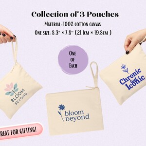 Puede incluir: Colecci&oacute;n de tres bolsas de lona de algod&oacute;n color crema. Cada bolsa presenta un dise&ntilde;o y texto diferente: "Bloom Beyond", un dise&ntilde;o floral y "Chronic but Iconic". Las bolsas miden 21,1 cm x 19,8 cm.