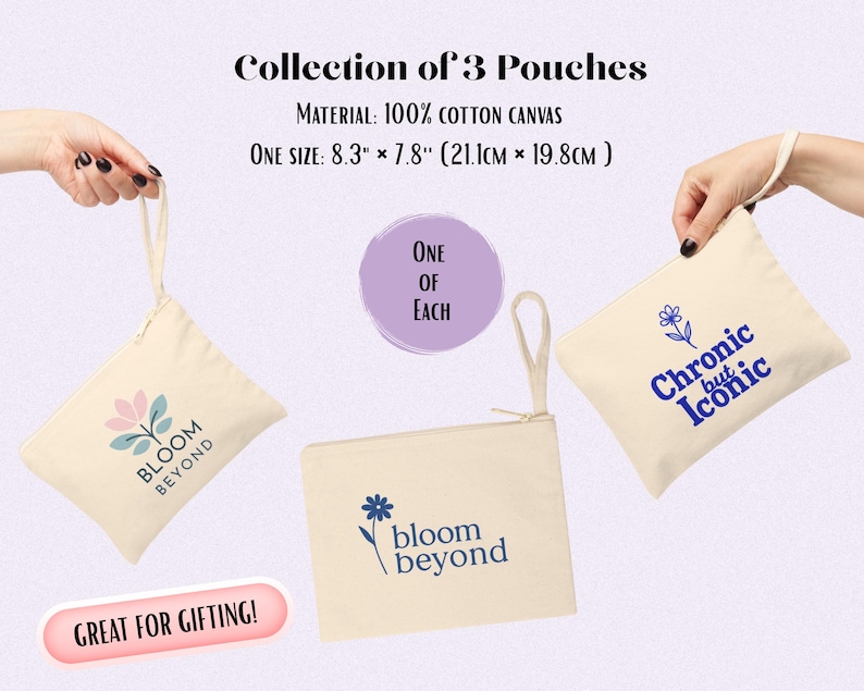 Puede incluir: Colecci&oacute;n de tres bolsas de lona de algod&oacute;n color crema. Cada bolsa presenta un dise&ntilde;o y texto diferente: "Bloom Beyond", un dise&ntilde;o floral y "Chronic but Iconic". Las bolsas miden 21,1 cm x 19,8 cm.