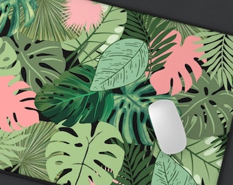 Alfombrilla de escritorio estilo boho con hojas, alfombrilla de juego con hojas de monstera brillantes, regalo para amantes de la naturaleza, accesorio de escritorio estilo cottagecore, decoración botánica de escritorio estilo boho para la oficina en casa.