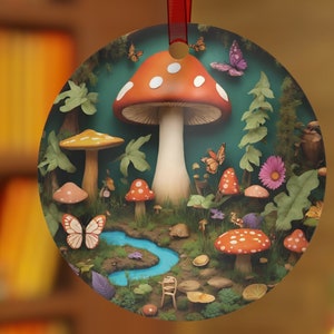 Woodland mushrooms colorful metal ornament, cute woodsy cottagecore mushroom xmas tree bauble, hanging vintage christmas mushroom teen gift