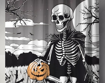 Halloween Skeleton creepy Pumpkin Patch, Fun Spooky Decor, Fall Bathroom Accessories, Halloween Gift, long cute bathtub curtain