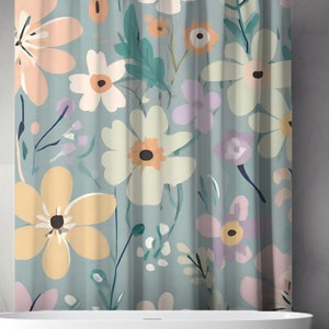 Blue floral print Boho Shower Curtain, Cute botanical cottagecore long shower, blue bathtub curtain, cute housewarming gift shower curtain