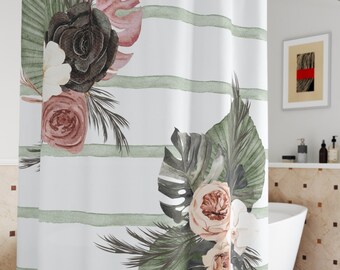 Shower curtain boho floral long striped, cute green botanical housewarming gift, flower print custom bathroom curtain, cool shower curtain