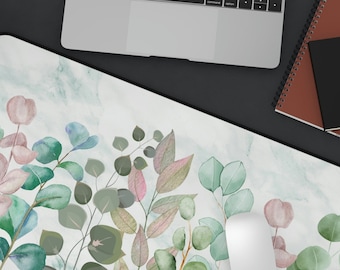 Boho Eucalyptus cute desk mat, botanical leaf xl gaming mat, cottagecore green laptop pad,  custom colorful greenery mouse pad, computer mat