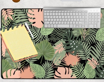 Tapete de escritorio con hojas bohemias, alfombrilla para juegos con hojas de monstera brillantes, accesorio de escritorio cottagecore para amantes de la naturaleza, decoración botánica bohemia para escritorio de oficina en casa.