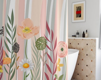 Pink boho floral cute bathroom shower curtain, botanical print long shower curtain, cottagecore striped shower curtain, housewarming gift