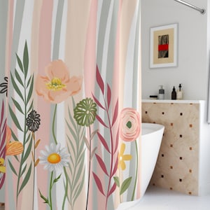 Rosa Boho Blumen Duschvorhang, langer Duschvorhang mit botanischem Druck, Cottagecore Duschvorhang, Einweihungsgeschenk