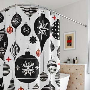 Black and white retro christmas ornament print shower curtain, cute unique xmas bathroom decor, vintage aesthetic holiday bathtub curtain