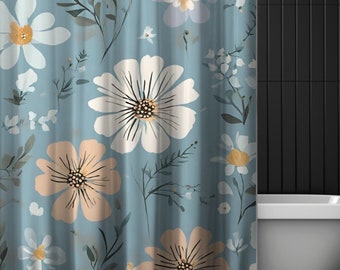 Blauer Blumendruck Boho Duschvorhang, niedlicher botanischer Cottagecore lange Dusche, blauer Badewannenvorhang, niedlicher Housewarminggeschenk-Duschvorhang