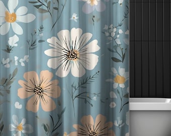 Blue floral print Boho Shower Curtain, Cute botanical cottagecore long shower, blue bathtub curtain, cute housewarming gift shower curtain