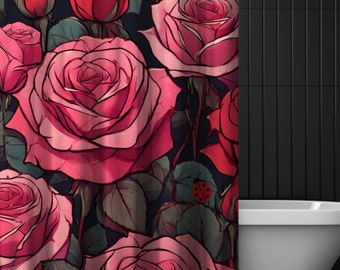 Pink and red roses Valentine Day long Shower Curtain, Love day cute red floral bathtub curtain, Botanical pink green leafy bathroom curtain