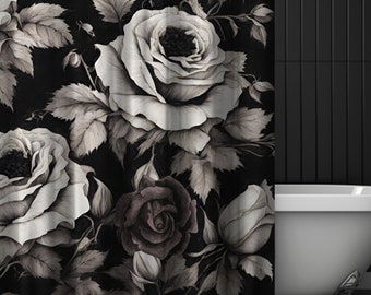 Gothic romantic black rose bathroom shower curtain, cute vintage roses bathtub long shower curtain, goth rose housewarming gift for her
