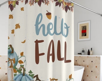 Hallo Herbst niedlichen Kürbisse Badezimmer Duschvorhang|Herbstblätter blau Kürbisse langer Badewannenvorhang