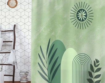 Boho bathroom green shower curtain, custom long cool shower curtain, cute floral botanical bathroom curtain, fun unique shower curtain