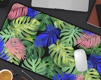 Boho tropical leaf desk mat, green monstera leaves large mouse pad, xl gaming computer desk accessory, botanical lovers custom laptop pad