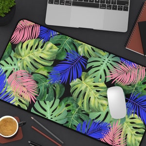 Skrivbordsmatta med tropiska löv, stor musmatta med gröna monsterablad, extra stor gaming-datorbordstillbehör, anpassad laptopmatta för botaniska älskare