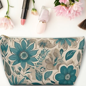 Bolsa de acessórios floral boho bege e azul-petróleo, linda bolsa de cosméticos com zíper botânico, grande estojo de higiene floral para mulheres, bolsa de lápis para professora