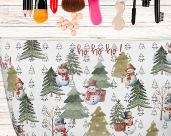 Christmas tree holiday cosmetic pouch, cute accessory t-bottom xmas bag, large zippered winter holiday toiletry case, teen makeup bag