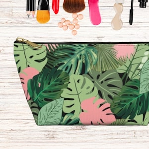 Bolsa de acessórios com folhas boho, estojo de lápis com folhas de monstera, pequena bolsa de acessórios de viagem, bolsa de mão com folhas tropicais fofas, bolsa de cosméticos