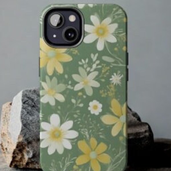 Floral green and yellow iphone compatible tough phone case, cute cottagecore wildflower phone iphone 15 cover, summer floral iphone 14 case