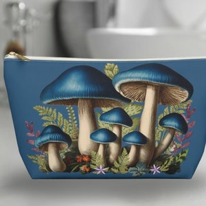 Mushroom magic Accessory Pouch w T-bottom, cute blue cosmetic bag for teen, cottagecore floral zippered makeup case, small toiletry bag