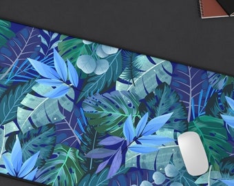 Boho monstera leaf desk mouse pad,botanical office desk mat accessory,blue tropical leaves xl computer pad,new co worker boss job gift