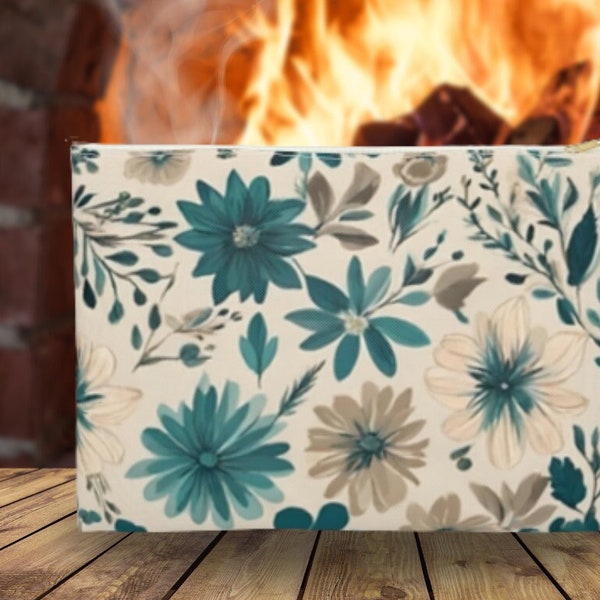 Boho floral printed T-bottom zippered accessory pouch, pastel beige and teal flower pattern cosmetic bag, custom womens toiletry travel case