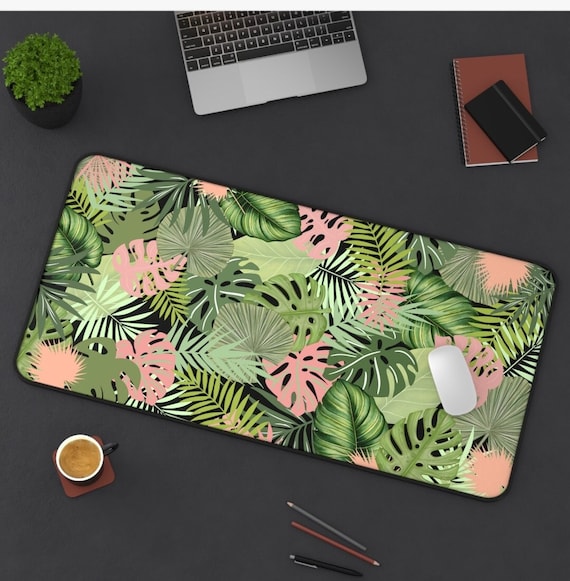 Boho leaf desk mat, monstera leaf desk accessory, bright cottagecore home office mat, xl computer pad, floral laptop pad, large gaming pad