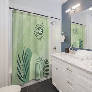 Boho bathroom green shower curtain, custom long cool shower curtain, cute floral botanical bathroom curtain, fun unique shower curtain image 4
