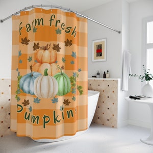 Bauernhof frische Kürbisse Herbst Duschvorhang, niedlichen Hallo Herbst Blätter Badezimmer Dekor, Landhaus Herbst Badezimmer Dekor, orange saisonale Badezimmer Bild 4